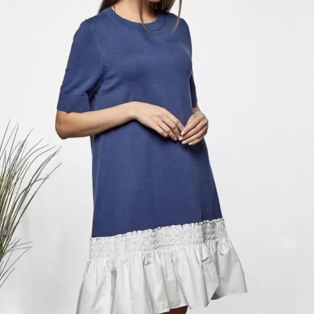 COS Large Blue White Sweater Knit Stretchy Smocked Ruffle Hem Preppy Dress‎